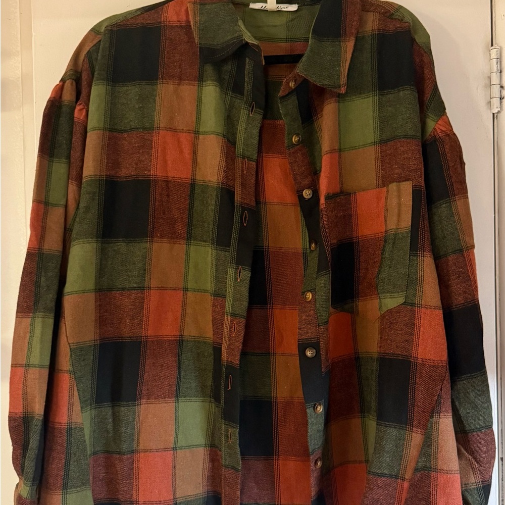 Plaid Button Down Shirt - Green and Orange